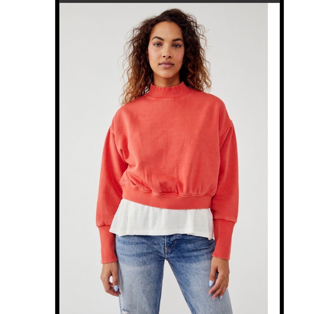 We The Free Free People Mock Neck Relaxed Cropped Sweatshirt Red Large